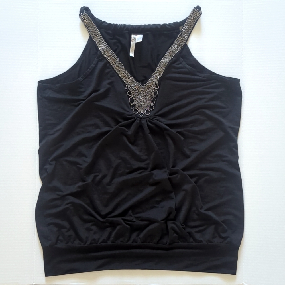 Embellished Black V-Neck Drapey Tank Top Elegant Boho Chic Top XL